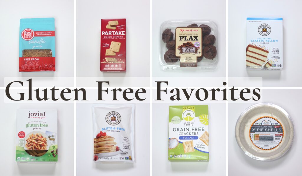 Gluten free pantry favorites including crackers, baking mixes, pasta, and pie crusts