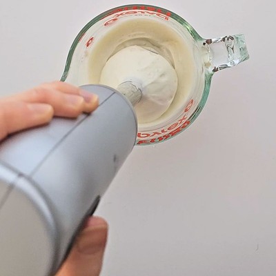 Mayonnaise-immersion-blender-process-400 Blending egg whites and oil with an immersion blender to make homemade mayonnaise