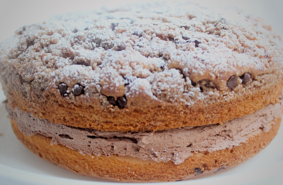 Gluten free chocolate filled crumb cake with thick crumb topping and powdered sugar on a white plate
