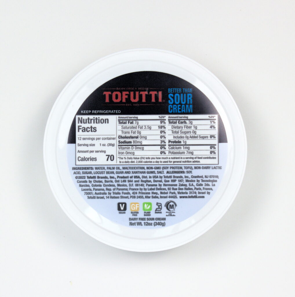 Top view of a round Tofutti Better Than Sour Cream container displaying the nutrition facts panel