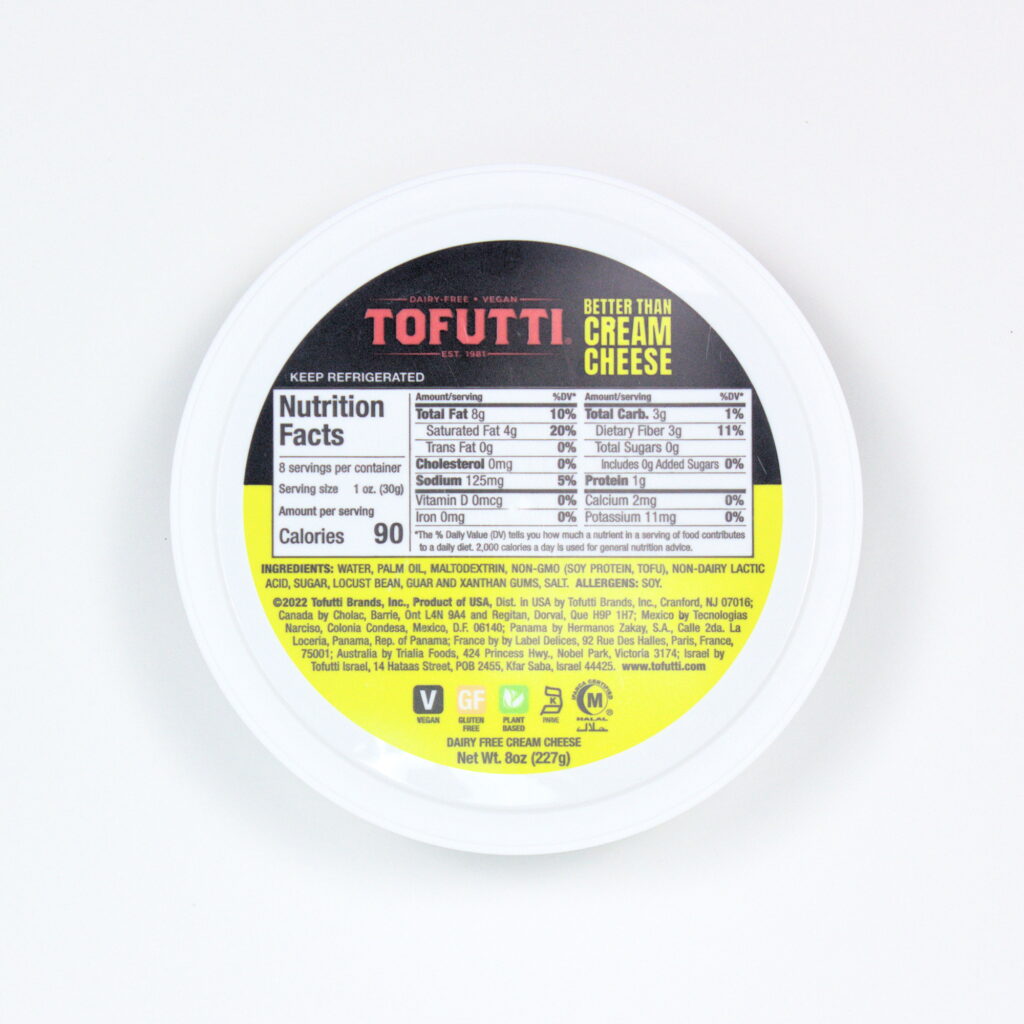 Top view of a round Tofutti Better Than Cream Cheese container displaying the nutrition facts panel