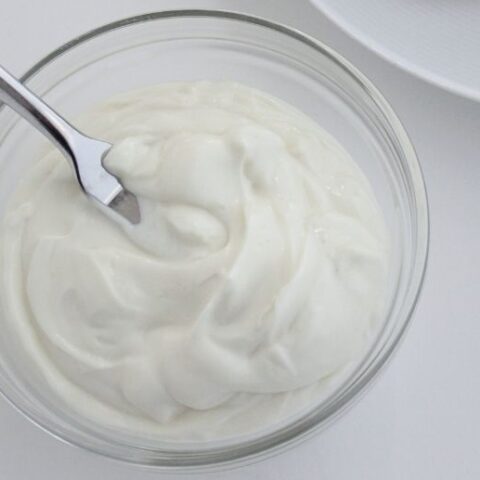 overhead view of mayo in a glass bowl