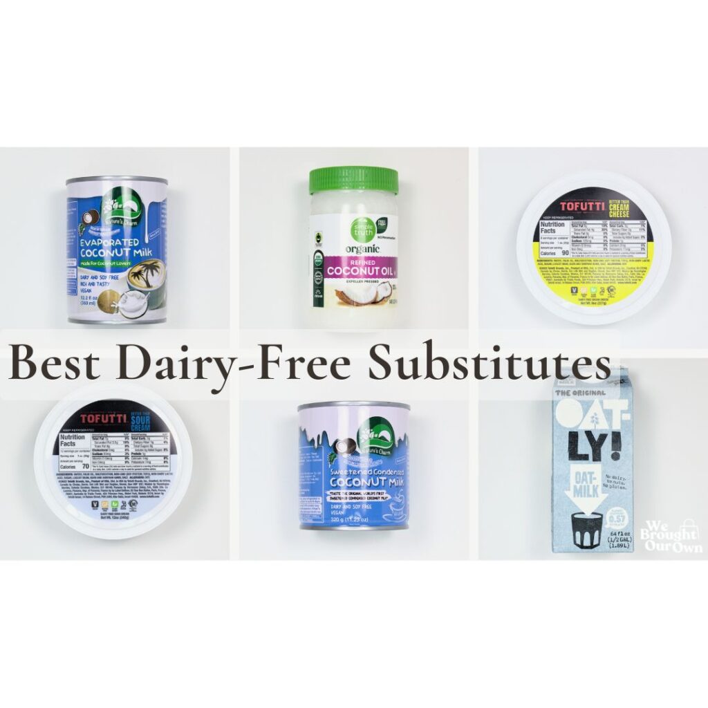 Grid of dairy-free substitute products with text overlay reading 'Best Dairy-Free Substitutes'