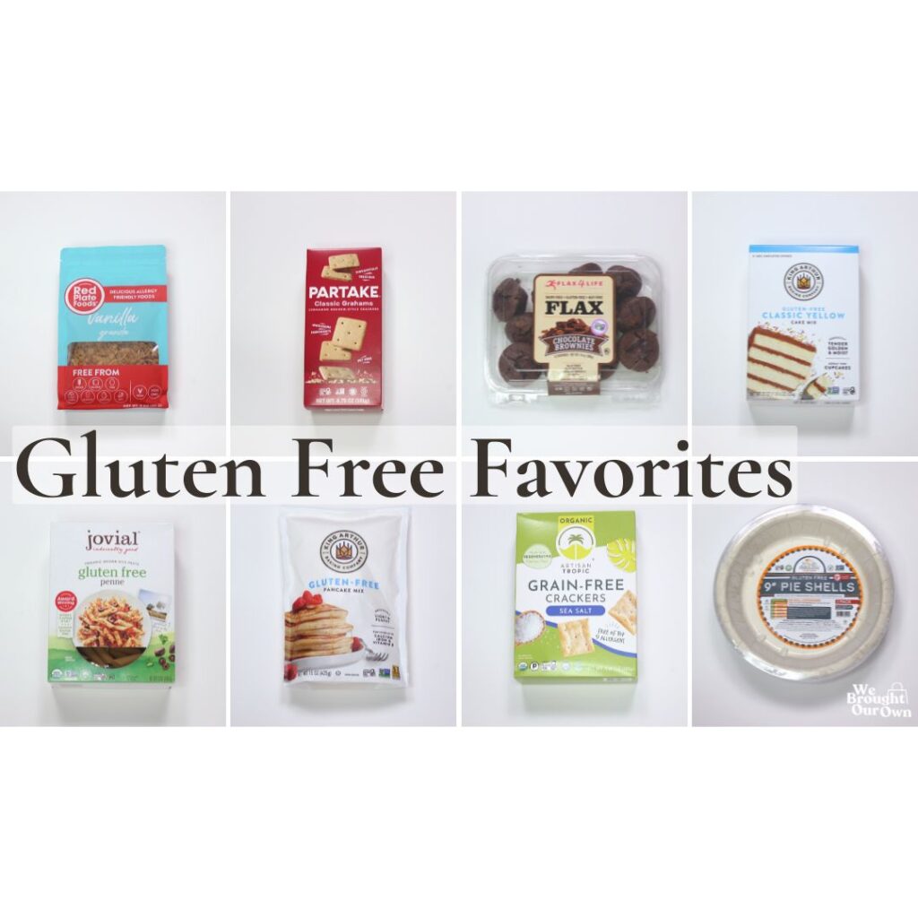Gluten free pantry favorites including crackers, baking mixes, pasta, and pie crusts